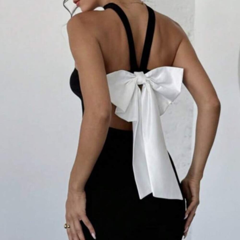 Black White Bow Open Back Bodycon Maxi Dress | Size XL